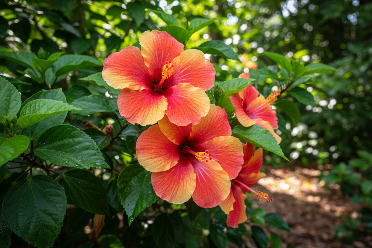 hibiscus flowers and green leaves